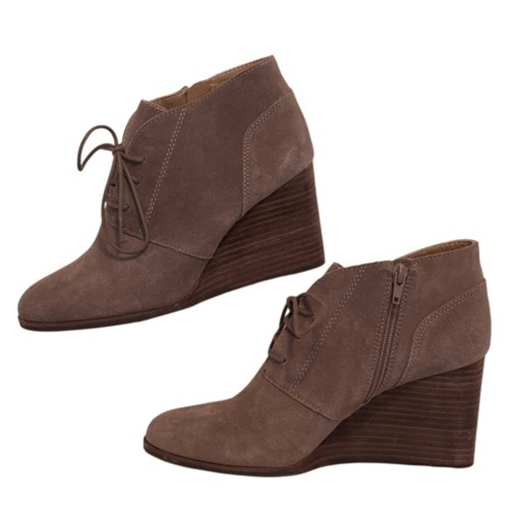 Lucky Brand Taupe Suede Lace-Up Wedge Booties Leather Upper Size 9